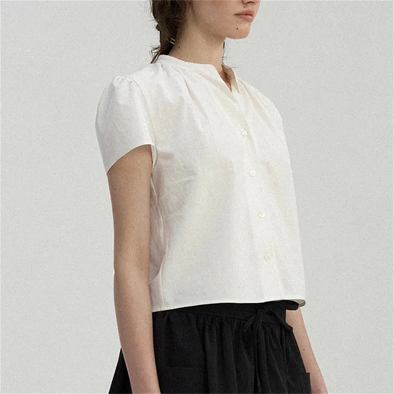 

Women's Clothing Short Sleeve Single-breasted Female Stand Collar Short Shirt and Top for Spring Summer