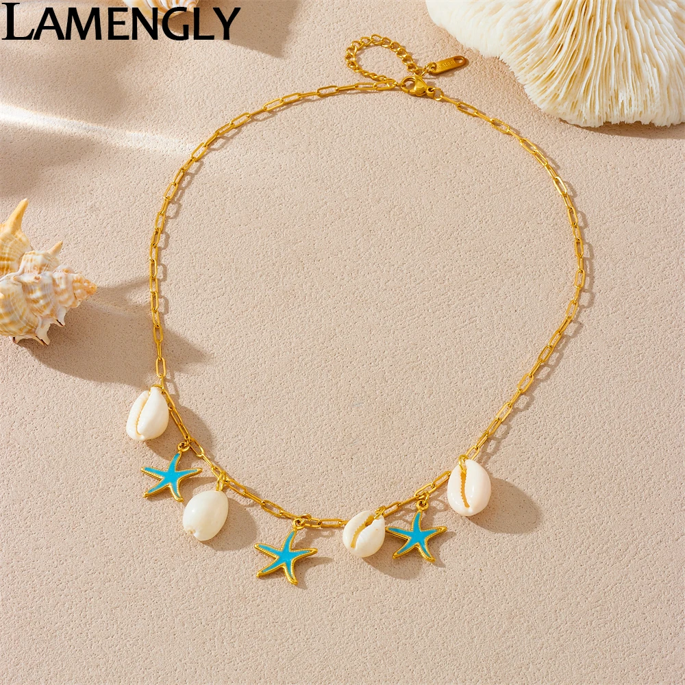 

LAMENGLY 316L Stainless Steel Blue Glitter Starfish Shell Series Pendant Necklace Women Summer Fresh Style Neck Chain Party Gift