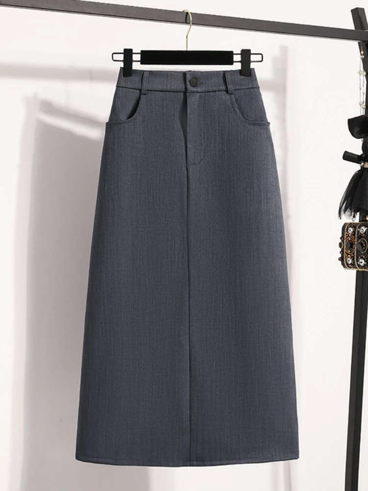 2026 Autumn New Grey High Waist Split Women Suit A Line Midi Skirts Korean Style Loose Figure Flattering Skirt Daily Wear