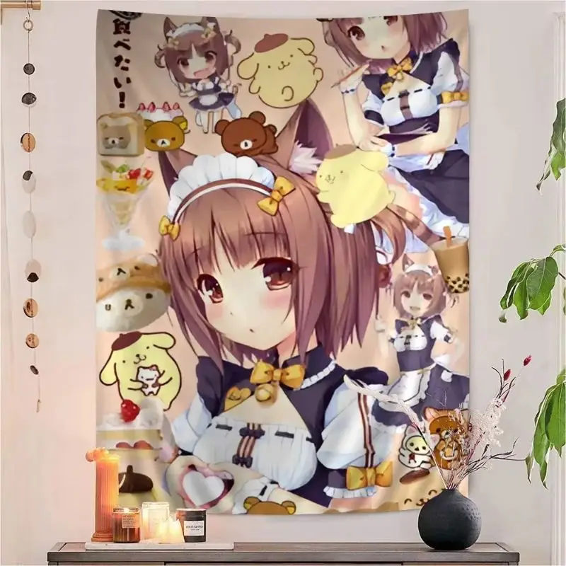 VIKAMA Cute Cat Ear Maid Girls Wall Hanging Tapestry Pastel Anime Wall Decor Cloth For Girls Bedroom Dorm Manga Photo Backdrop