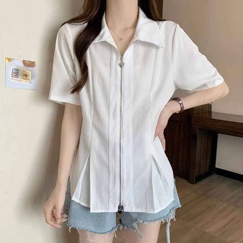 

Fashion Lapel Zipper Korean Solid Color Folds T-Shirts Female Clothing 2024 Summer New Loose All-match Tops Casual Tee Shirt