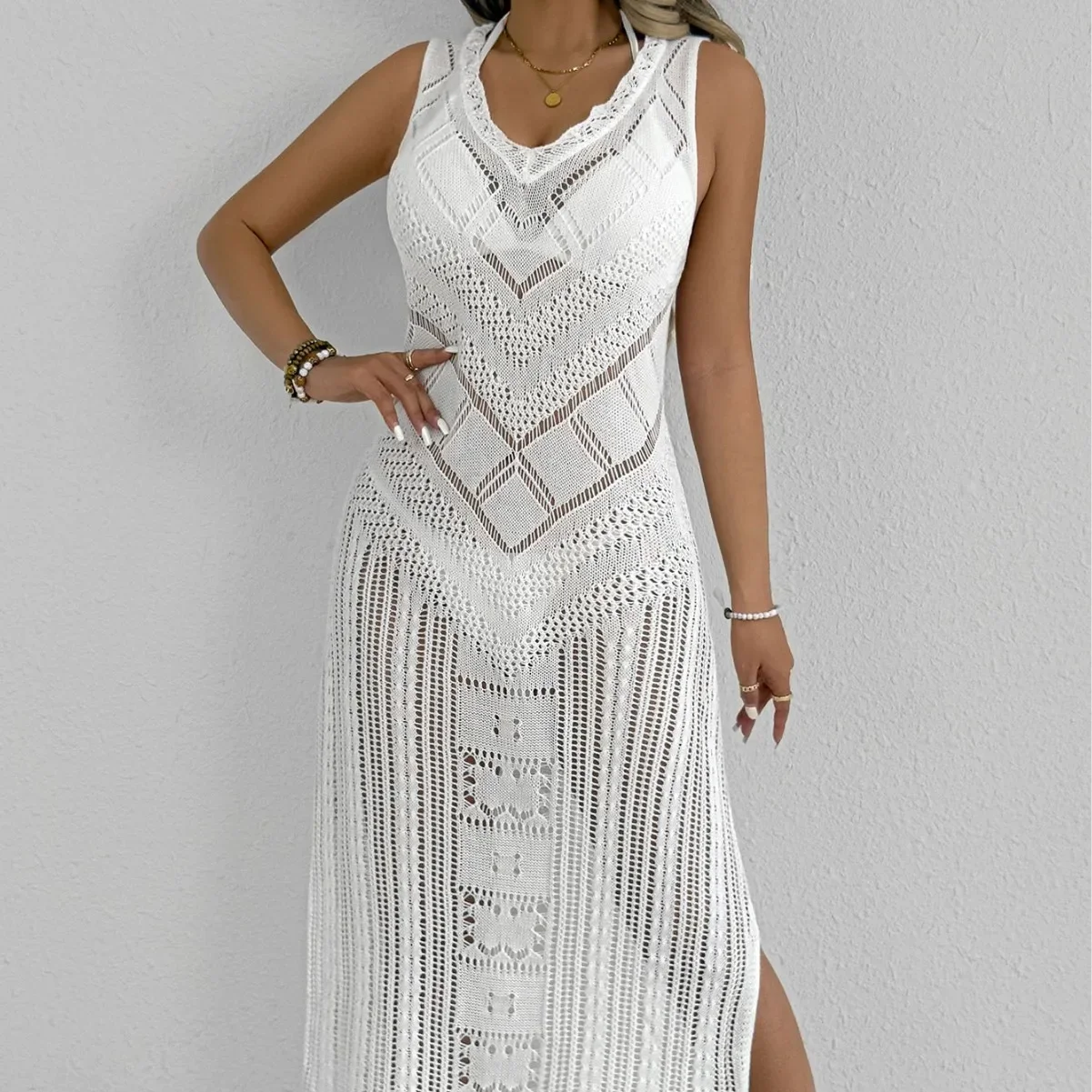 المرأة بيكيني للشاطئ بلوزة مثير جوفاء المنسوجة قميص سترة تنورة مجموعة 2025 موضة جديدة فستان عطلة الملابس #1