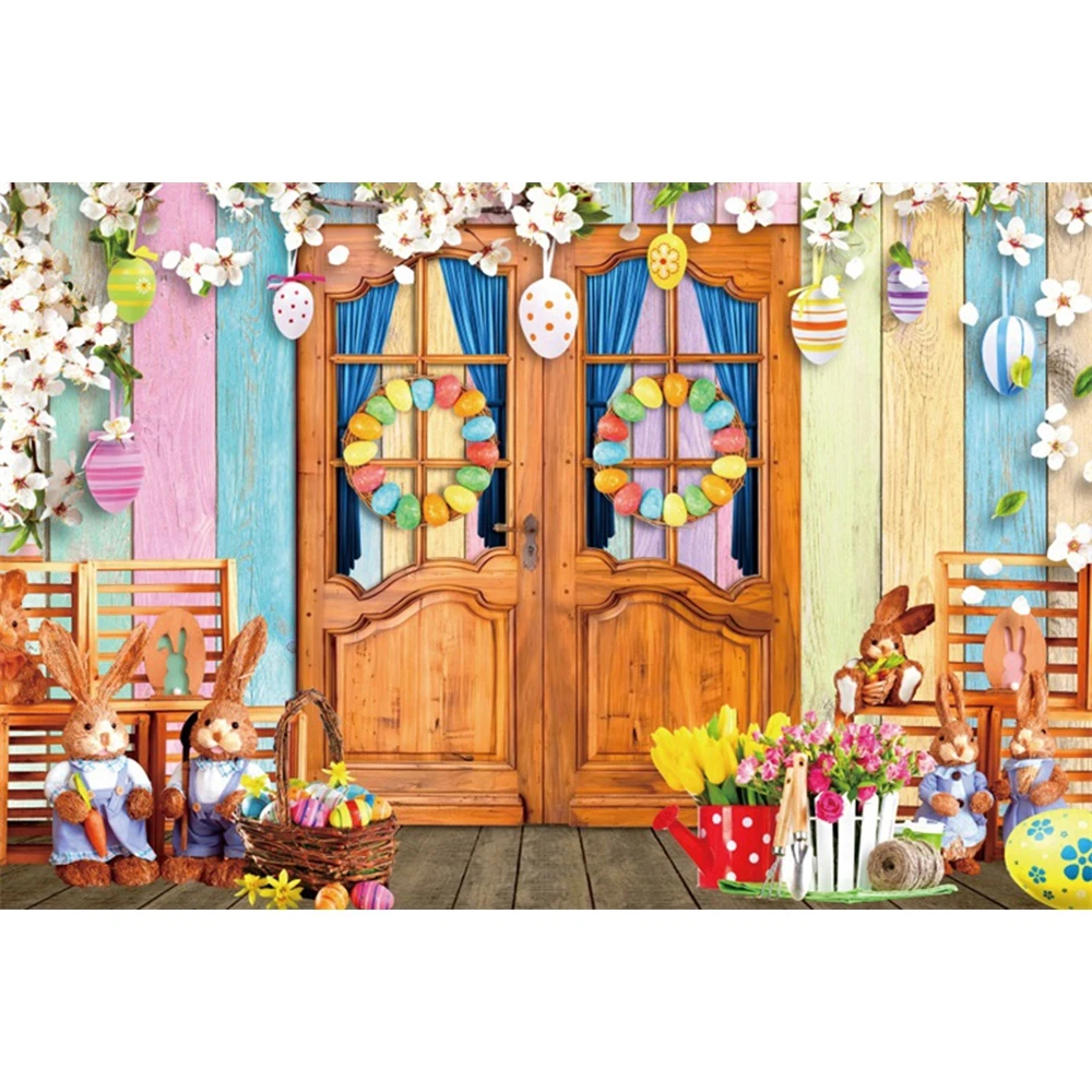 Spring Easter Photography Backdrop Wooden Door Garden Floral Grass Rabbit Eggs Bunny Happy Easter's Day Party Photo Background