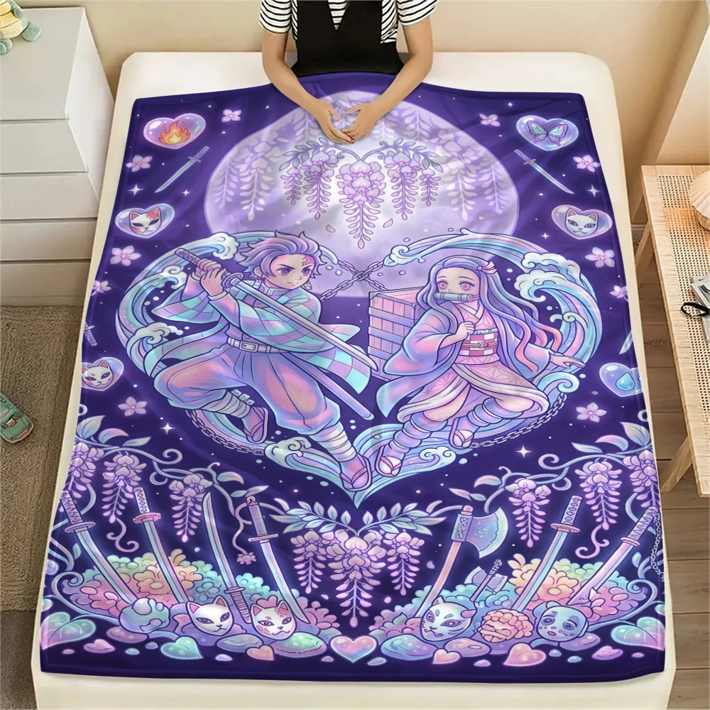 Decorative Anime Flannel Blanket Demon Slayer Print Warm Comfortable Throw for Sofa Bed Chair Travel Picnic Use-Xin
