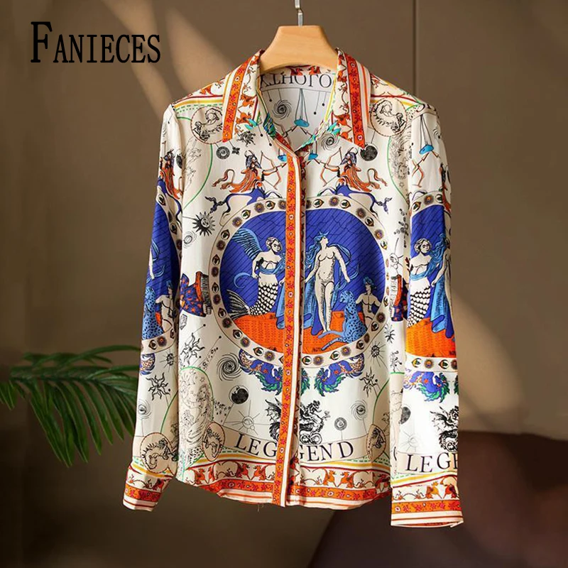 

FANIECES S-3XL рубашка блузка camisas Blusas De Verano Mujer 2024 Baroque Print Long Sleeve Top Womens Tops Blusas De Mujer 6737