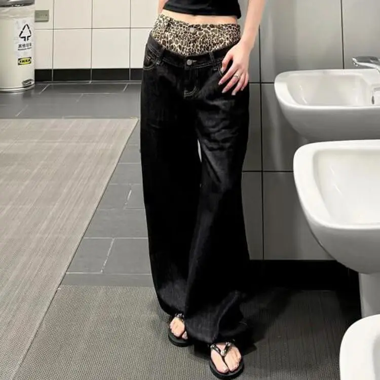 

Американские ретро уличные джинсы с двойной талией, женские четырехсезонные новые модные повседневные широкие джинсы с леопардовым принтом в стиле пэчворк