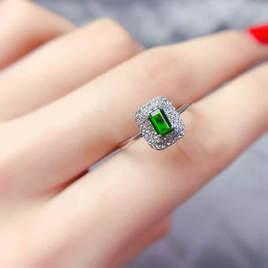 Hotsale 925 الفضة خاتم الأحجار الكريمة 3 مللي متر * 5 مللي متر الديوبسيدي الطبيعي الدائري 18 كيلو مطلية بالذهب الفضة حقيقية الكروم ديوبسيدي الفضة والمجوهرات