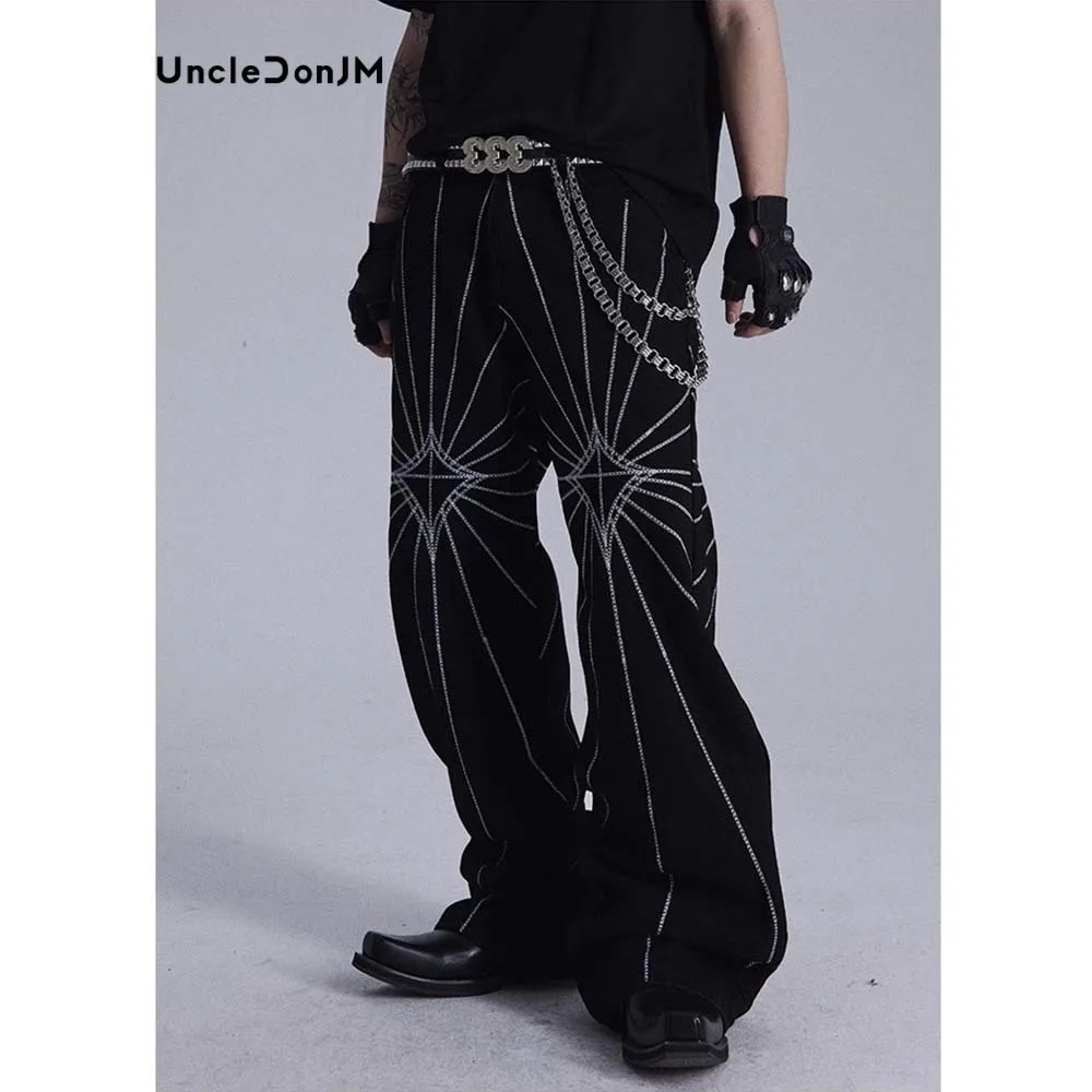 

Spider Web Embroidered Jeans Streetwear Pants for Men Hip Hop Black Jeans