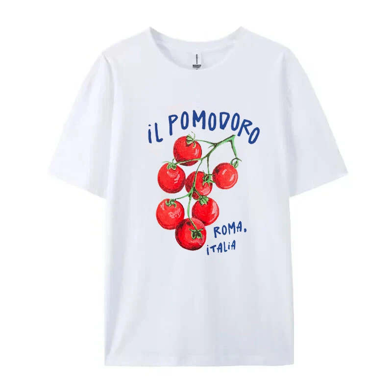 Damska koszulka z krótkim rękawem i okrągłym dekoltem z nadrukiem pomidorów, urocza estetyczna koszulka owocowa, modna odzież damska, stroje plażowe