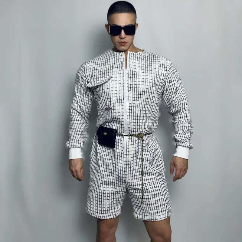 Nova boate dj ds rave outfit gogo trajes branco preto macacão jazz carga macacão masculino hip hop dança desempenho wear