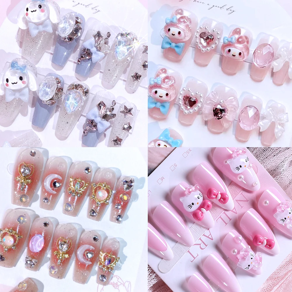 

24 шт. набор ручной работы Sanrio Melody/Cinnamoroll/Kitty накладные ногти средний/короткий миндальный пресс на кончиках ногтей DIY Kawaii Girl съемный наконечник
