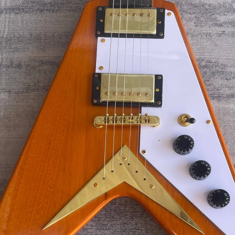 V Shape Electric Guitar Natural Gloss Orange Wood Finish White Pickguard Gold Hardware Dual Humbucker Pickups Free Delivery