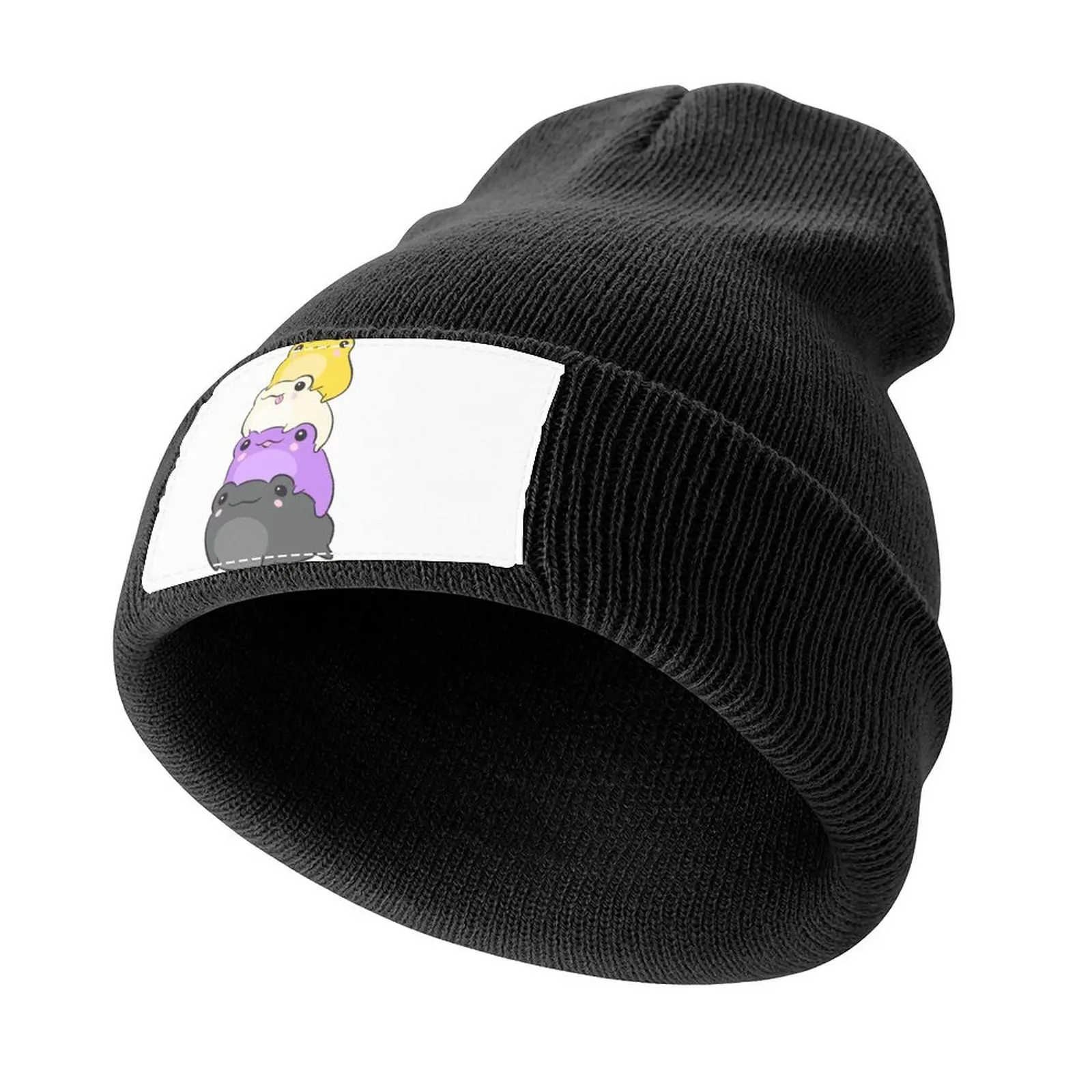 Nonbinary Pride Frog - Cute Kawaii Aesthetic Frog - Subtle Non-Binary Enby NB Pride Flag Colors Frog Pile Knitted Cap