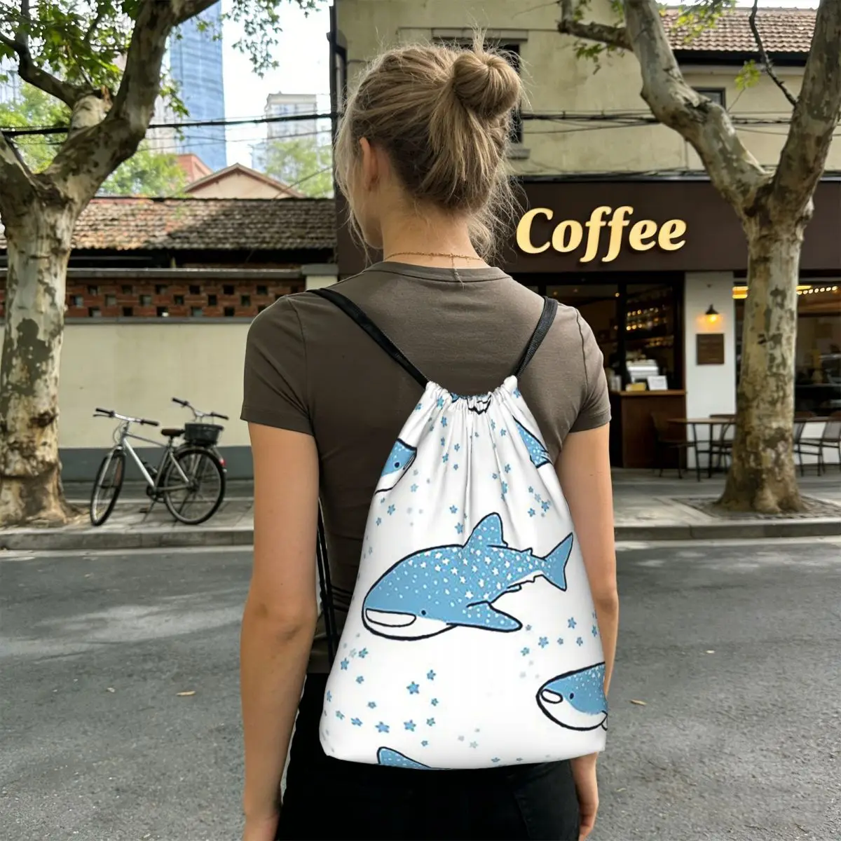 Starry Whale Sharks Backpacks Casual Drawstring Bundle Pocket Shoes Bag Book Bags for Man Woman School