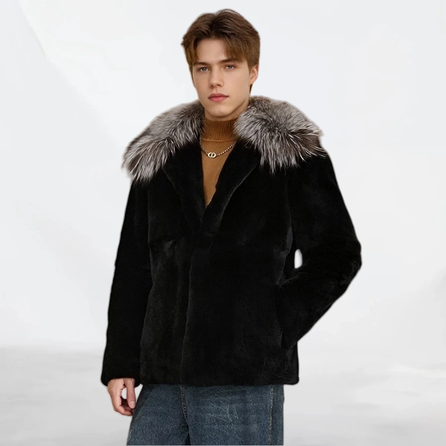 Real Rabbit Fur Coat With Silver Fox Fur Collar Men's Winter Fur Jacket Bomber Jacket Fashion Winter Warm Furry Jacket