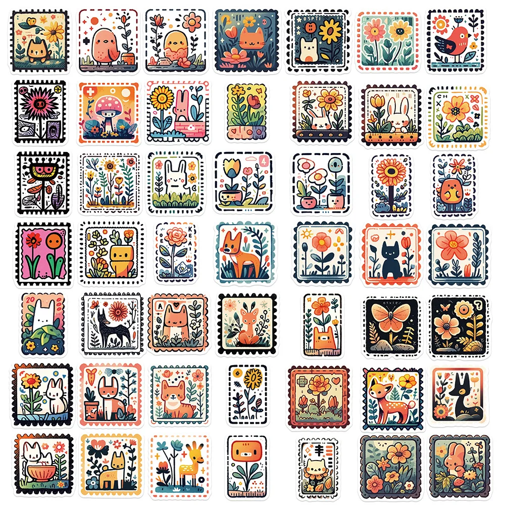50Pcs Cute Animals Retro Stamp Stickers Cartoon Graffiti Style Stickers Decorative Waterproof Suitcase Notebook Thermos Cup