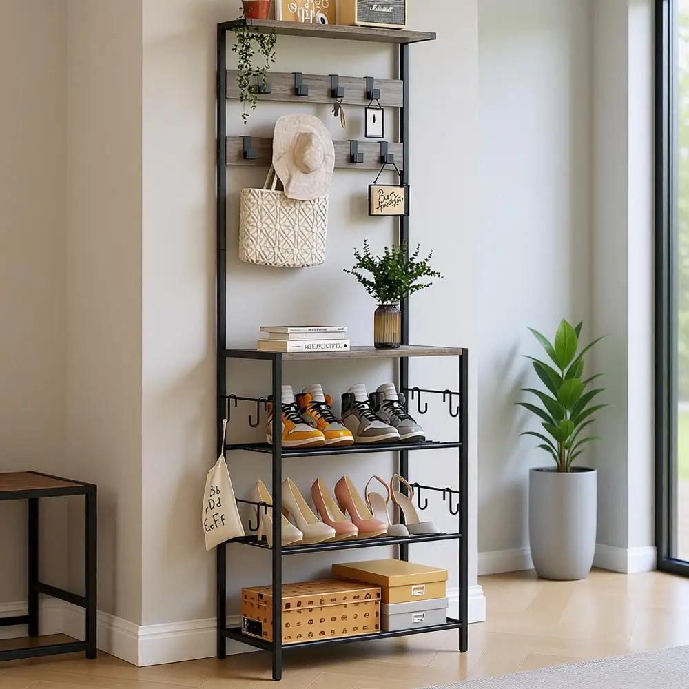 

5-Tier Shoe and Coat Rack with 9 Hooks, Freestanding Organizer for Entryway, Bedroom, Grey