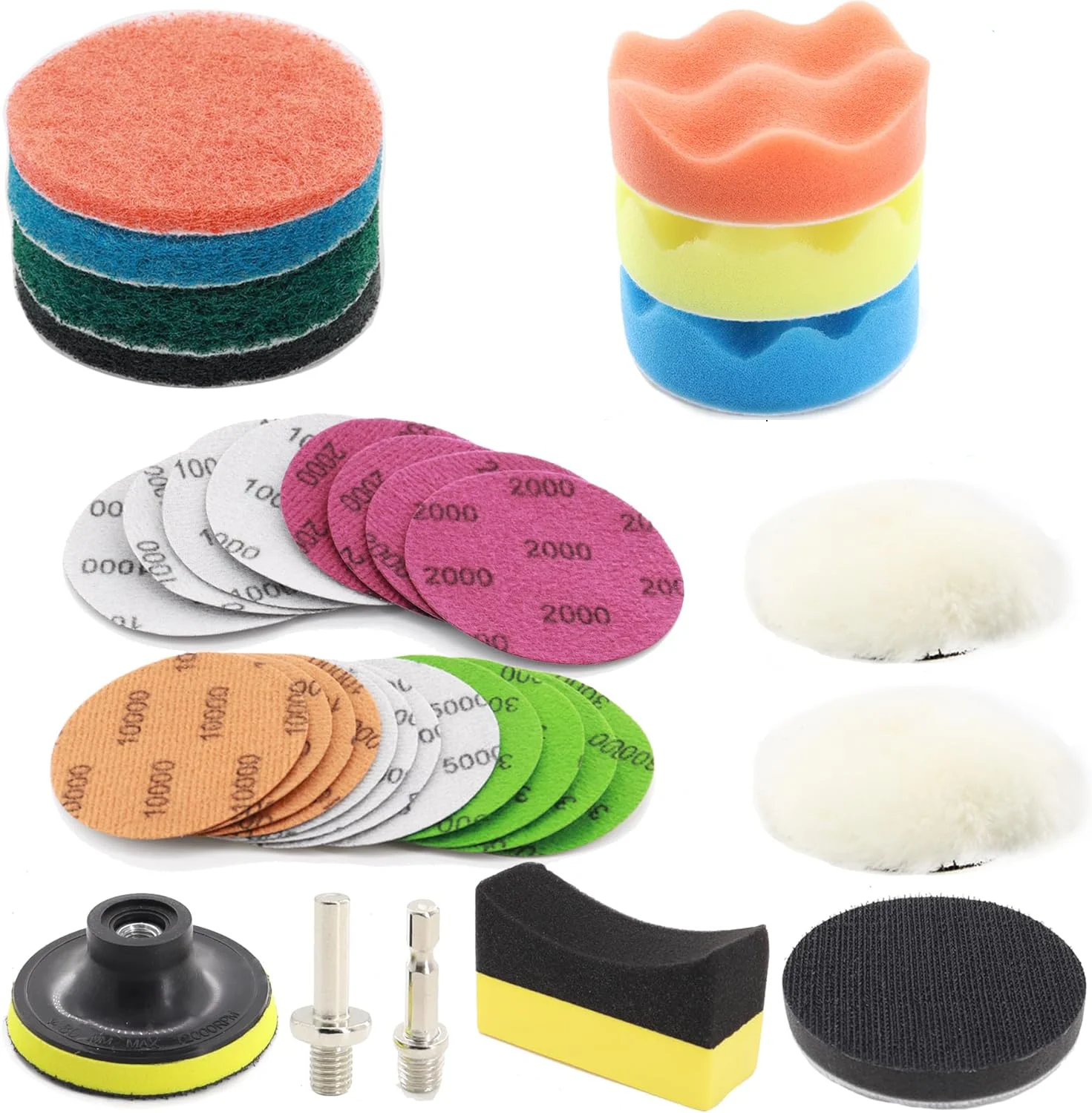 3Inch 75MM Car Headlight Restoration Kit 39 Pcs with Sandpaper Wool Pad Sponge Pad and Tire Sponge for Car Washing Waxing