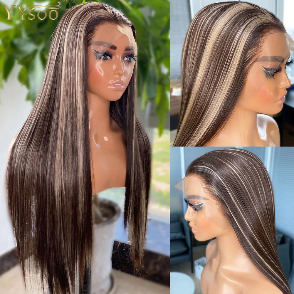 YYsoo Long Highlights 13x4 Futura Synthetic Lace Front Wigs For Black Women Silky Straight Glueless Half Hand Tied Wig Daily Use