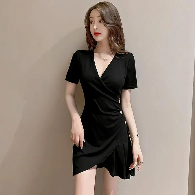 Fashionable Temperament Light And Mature Style Elegant Lady V-neck Dress For Women Pounds Oversized Waist Slim Irregular Skirt