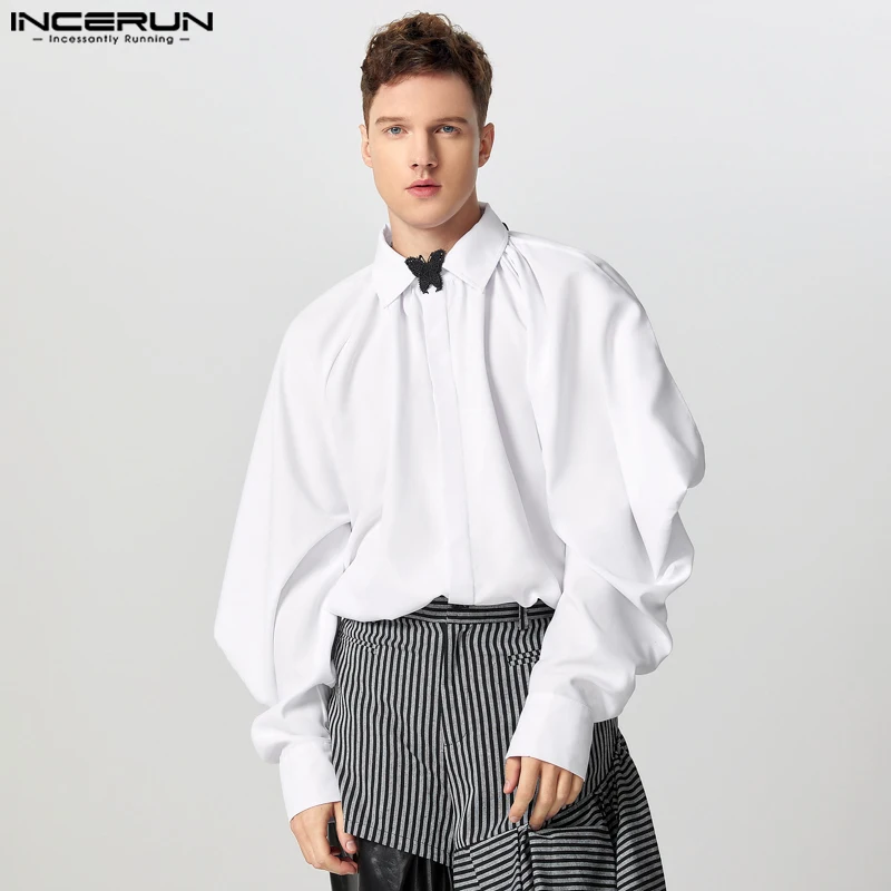 INCERUN Handsome New Men Tops Stylish Wide Silhouette Off Shoulder Bow Tie Shirts Casual Solid Pleated Long Sleeved Blouse S-5XL