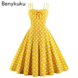 Polka Dot Vintage 1950s Yellow Dress Plus Size 4xl Women Summer Elegant Strap Pin up 60s Tunic Summer Rockabilly Cotton Dresses
