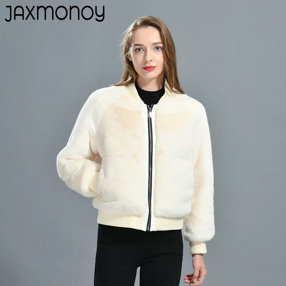 

Jaxmonoy Women Winter Fur Coat Solid Color Full Sleeves Fake Fur Baseball Uniform Ladies Soft and Comfortable Bomber Jacket 2022