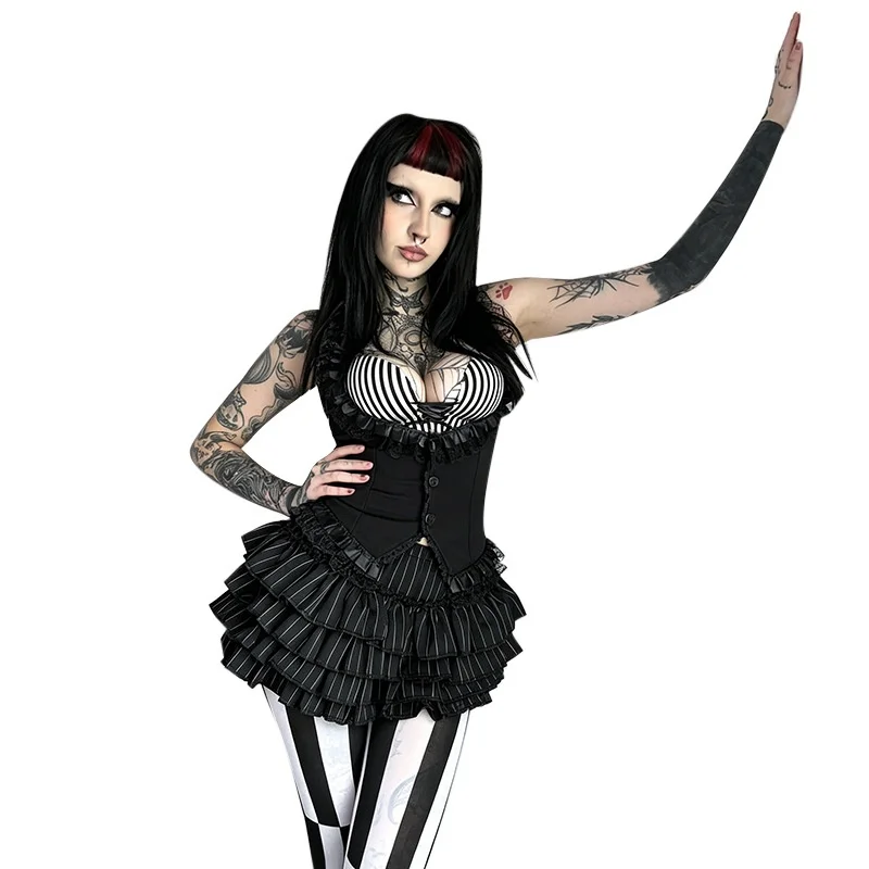Gothic Style Halloween Stripe Cake Skirt Pants CF26103 Dark Series Versatile Bat Shape Polyester Fabric Summer New Arrival