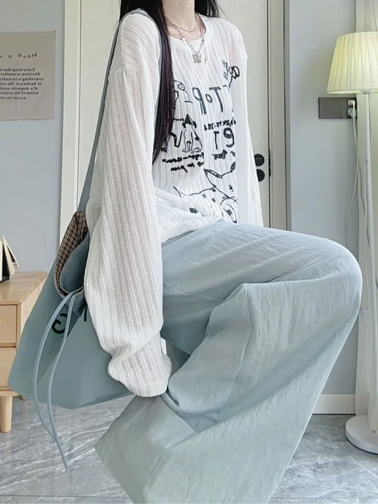 Koreanische Sle fiti Print Lose Fit Leichte Lange Sve Gestrickte Top frauen Sommer Sonnenschutz T-shirt Casual Faul S...