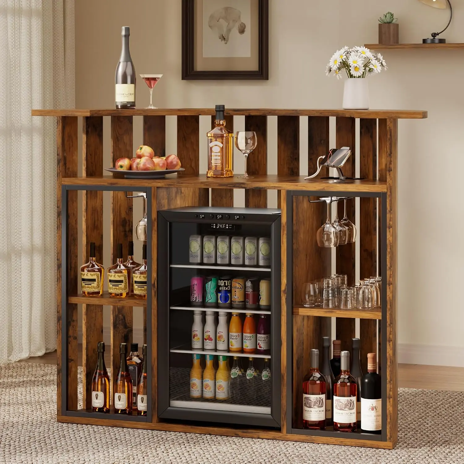 Rustic Wooden Bar Cabinet, 4-Tier Mini Bar W/ Fridge Space & Power Outlet, Coffee Desk For Home Pub Living Room, Customized