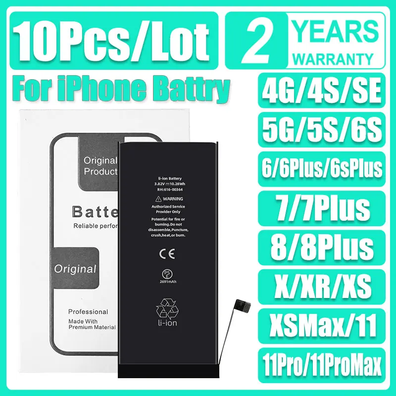 10pcs/lot 0 Cycle New Battery For iPhone 4 4S 5 5S 5C 7 8 6S 6 Plus X XR 11 11 Pro Xs Max Phone Batteries For 6sPlus 12 12MINI