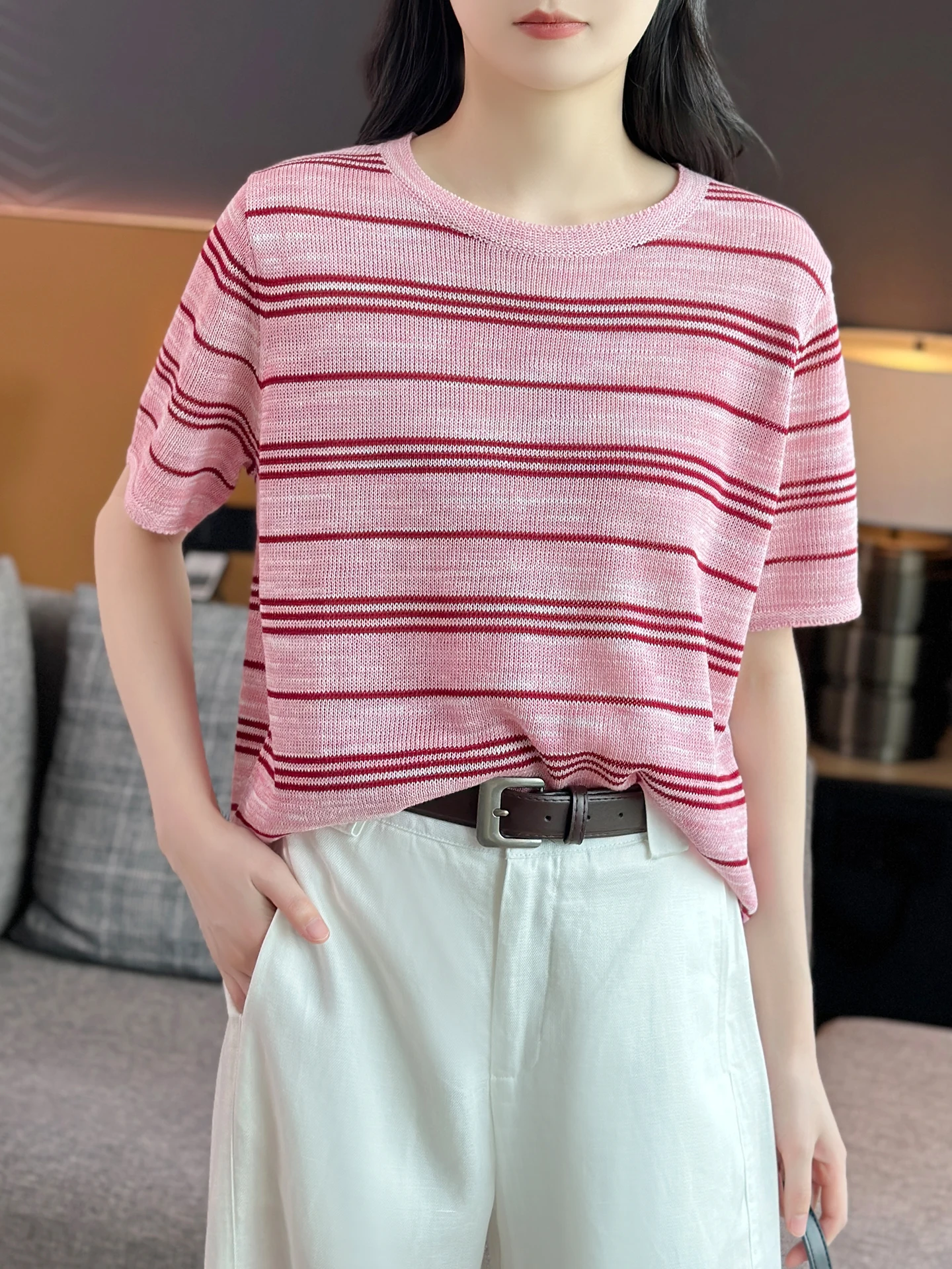 

Left Home Dopaamine Dry And Breathable, трикотажная футболка в полоску с круглым вырезом и короткими рукавами, женская повседневная свободная футболка из хлопка...