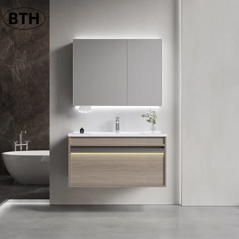 

Bathroom Cabinet with Integrated Ceramic Basin Walnut-Colored Washstand Hand Basin Vanity Cabinet Customizable