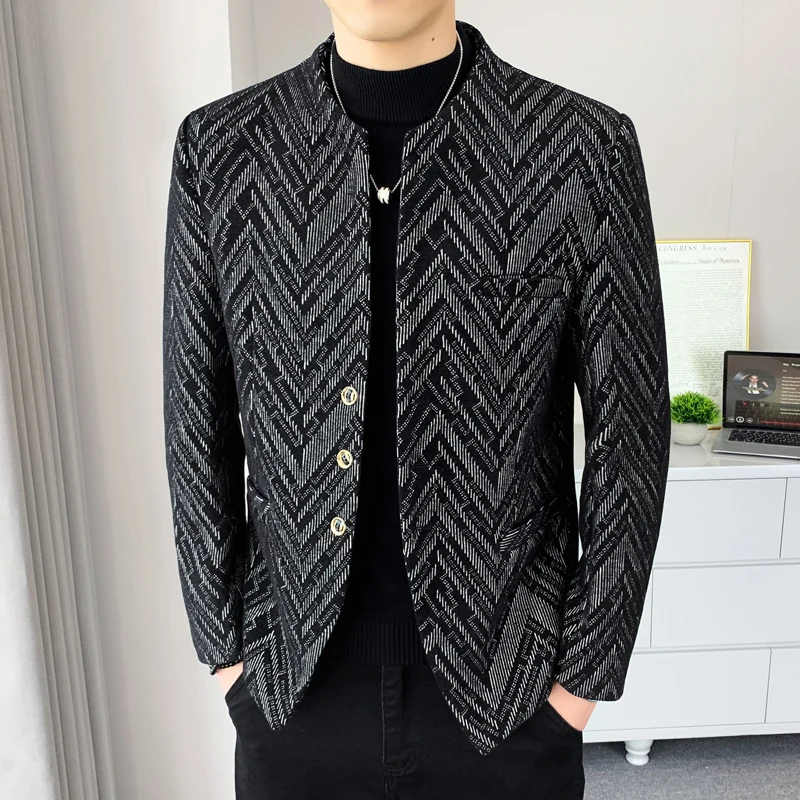 2025 Autumn Winter Men's Casual Woolen Suit Jacket Collarless Striped Casual Business Jackets Thick Warm Social Banquet Blazers
