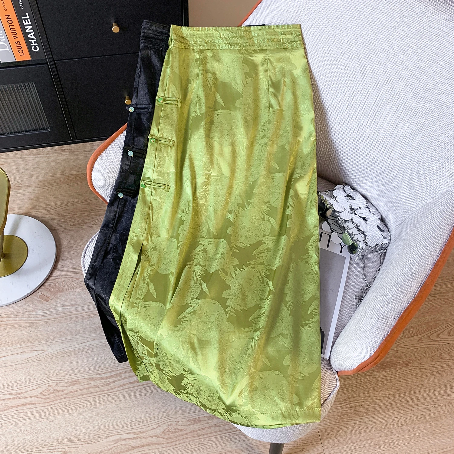 

Китайская юбка трапециевидной формы с высокой талией в стиле ретро и разрезом для женщин, универсальная юбка из смеси хлопка средней длины Ele Aosphere