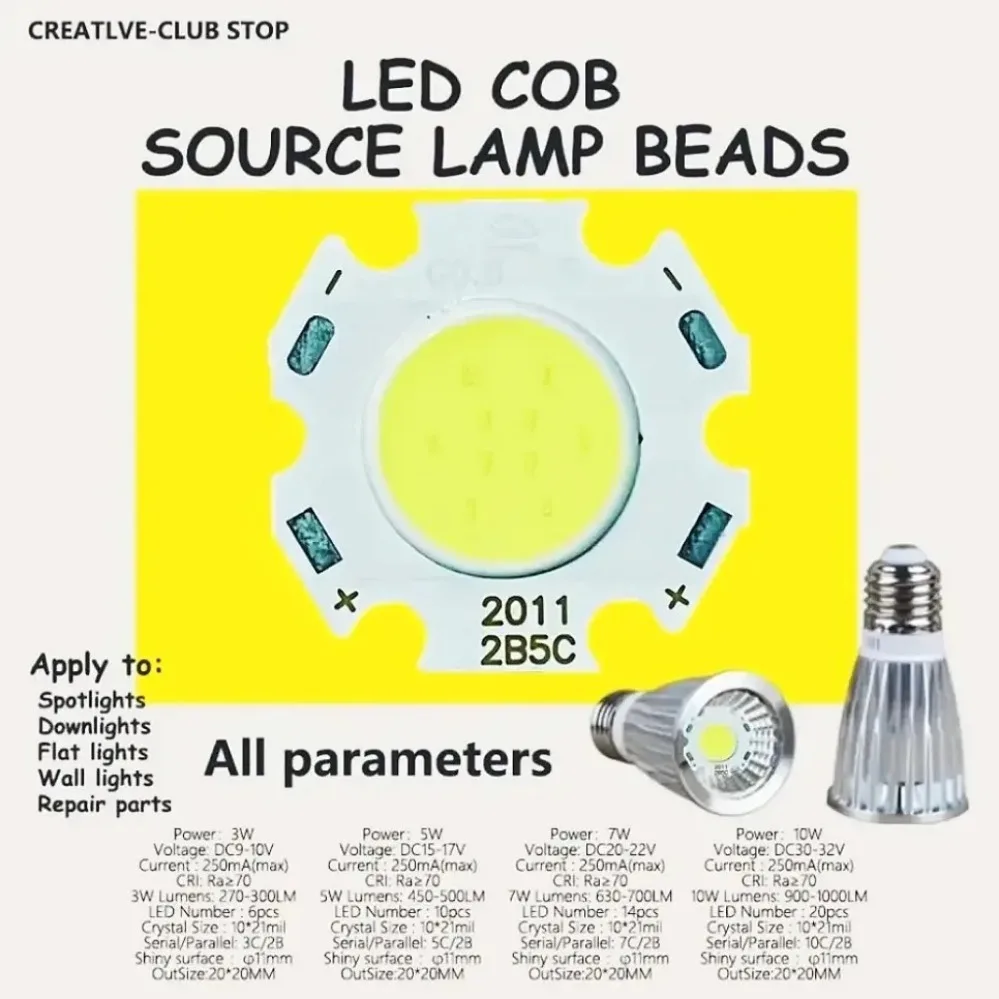 고출력 3 색 COB LED 소스 칩 램프 비즈, 11mm 발광 표면, 7W, 5W, 3W 전구 램프, 스포트라이트 다운 램프