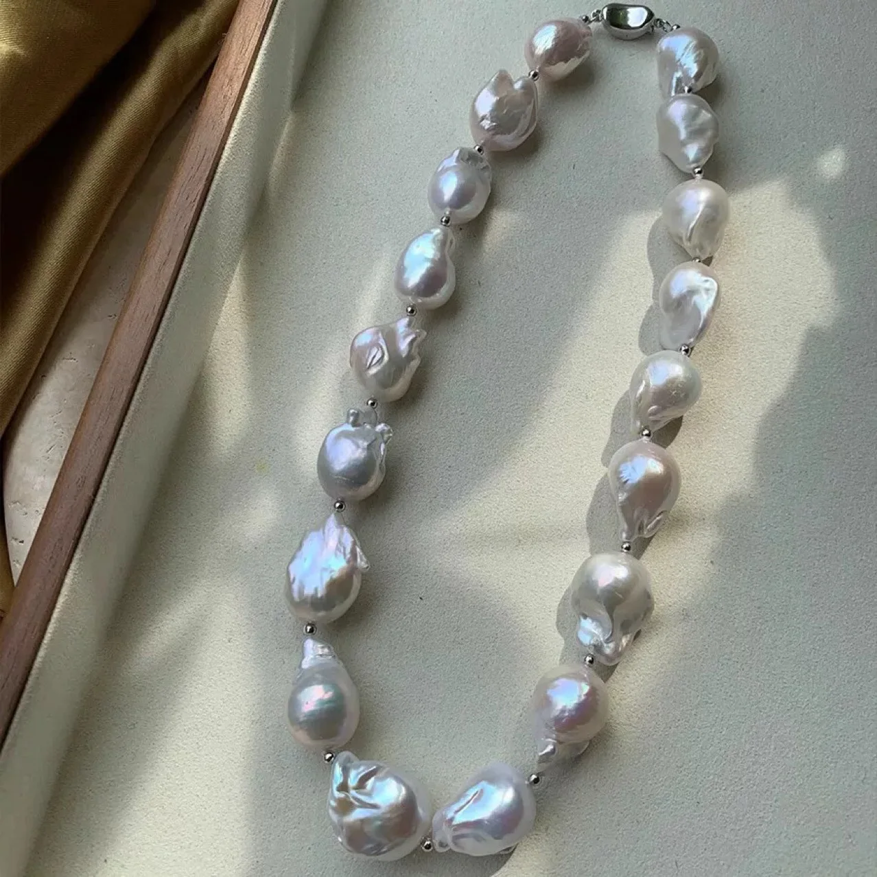 Natural South Sea Baroque AAA12-16mm Irregular Fish Tail Pearl Necklace 925s-18inch