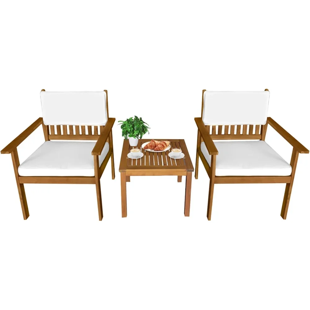

Patio Bistro Set 3-Piece Outdoor Patio Furniture Sets Acacia Wood Table and Chairs with 2 Cushions Bistro Set Balcony Cafe