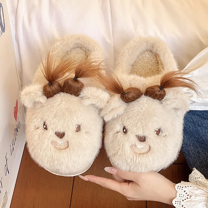 Woman cute home backless shoes women's novelty DIY slipper winter warm fuzzy cloud mules New niche creative braids bear slippers