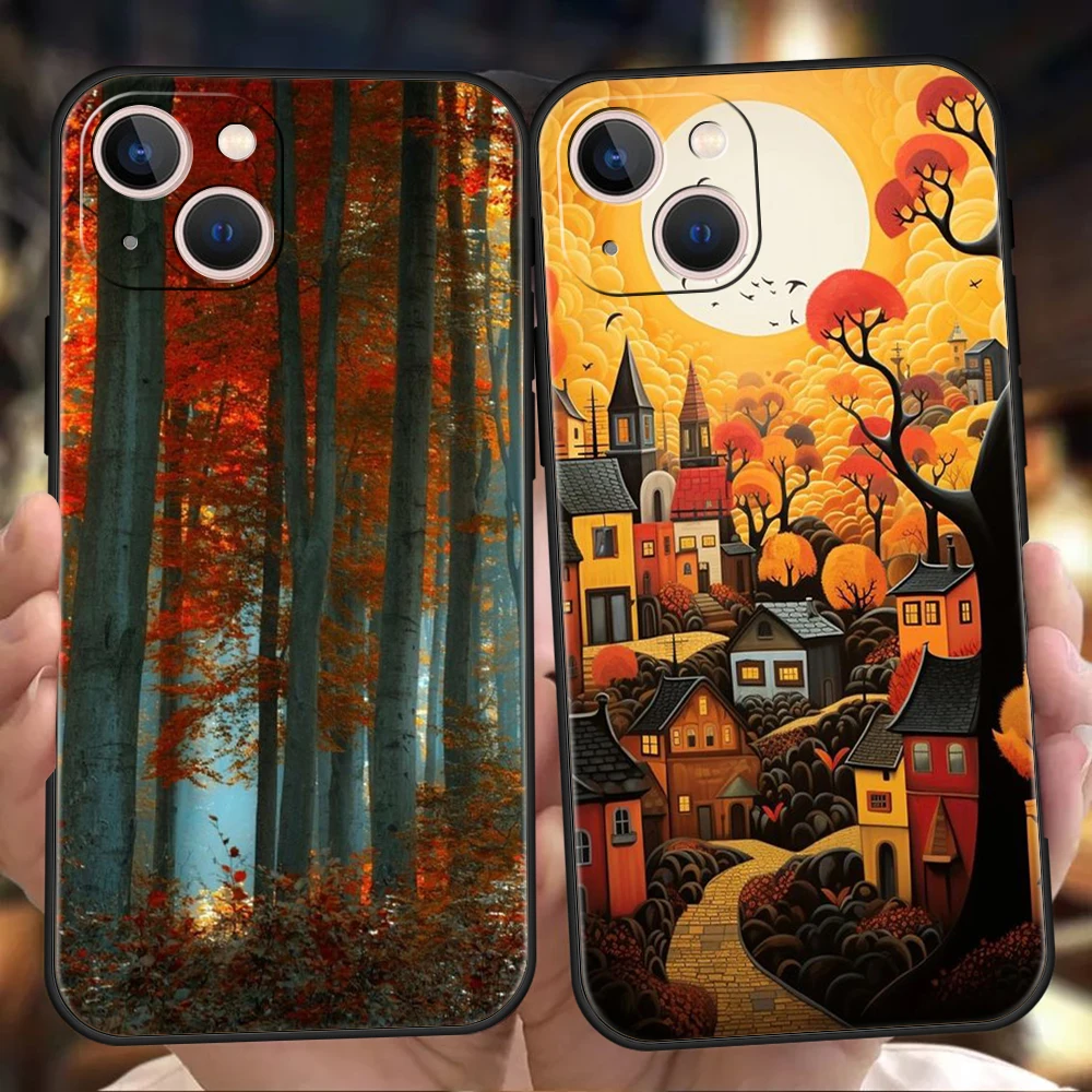 Hand Painted Forest House Phone Case for iPhone 16 15 14 13 12 Pro Max 11 Pro Max 7 8 Plus XS XR Max Shockproof Soft Shell