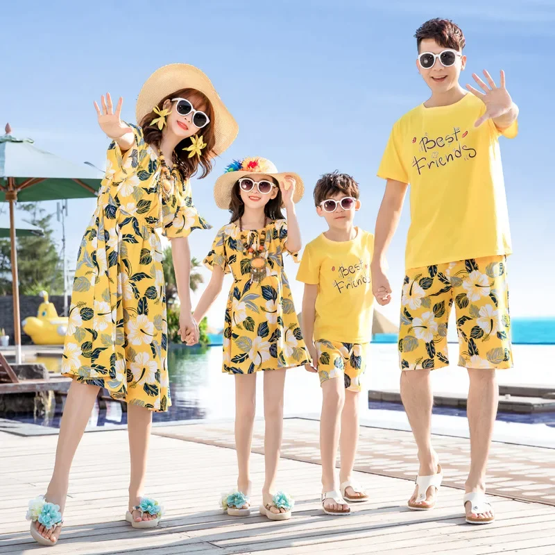 Holiday Family Matching Look Dad Son Resort Tops + Shorts Two Piece Outfit SetsYellow Clothes Mom Daughter Beach Dress Vacation