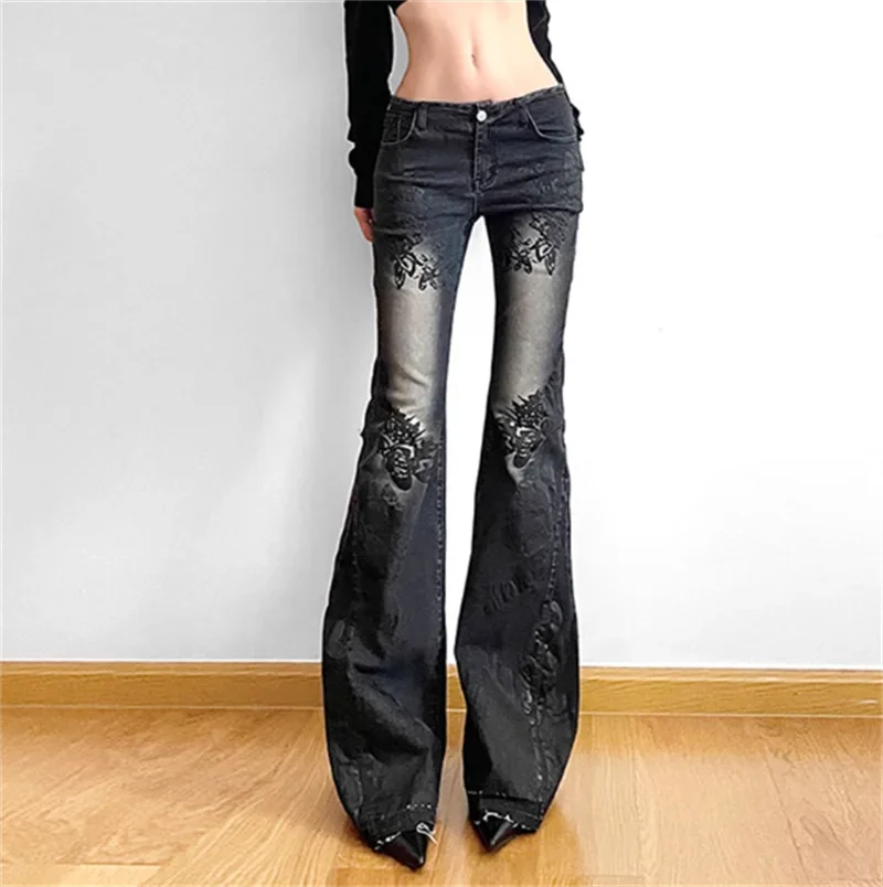 Gothic Plant Print Y2k Flare Jeans Women Low Waist Harajuku Baggy Denim Trousers 90s Aesthetic Vintage 2000s Trashy Jean Pants