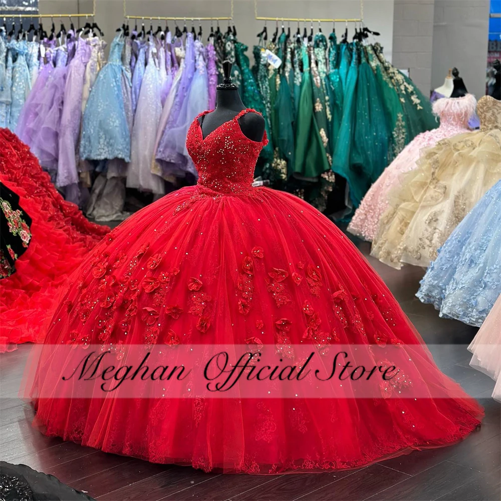 Vestido de quinceañera rojo de México, cuentas de cristal 2023, flores 3D, corsé, vestido de baile de graduación, vestido de baile con volantes, dulce de lujo 16 15