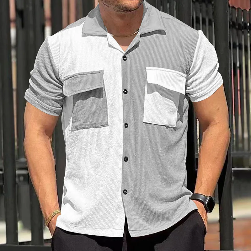 Men's Color Matching Short Sleeve Breathable Casual Beach Shirt, Short Button Cardigan, Summer, New, GZMS-2024Summer