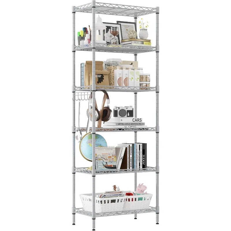 

6-Tier Storage Shelf Wire Shelving Unit Free Standing Rack Organization with Adjustable Leveling Feet, Stainless Side