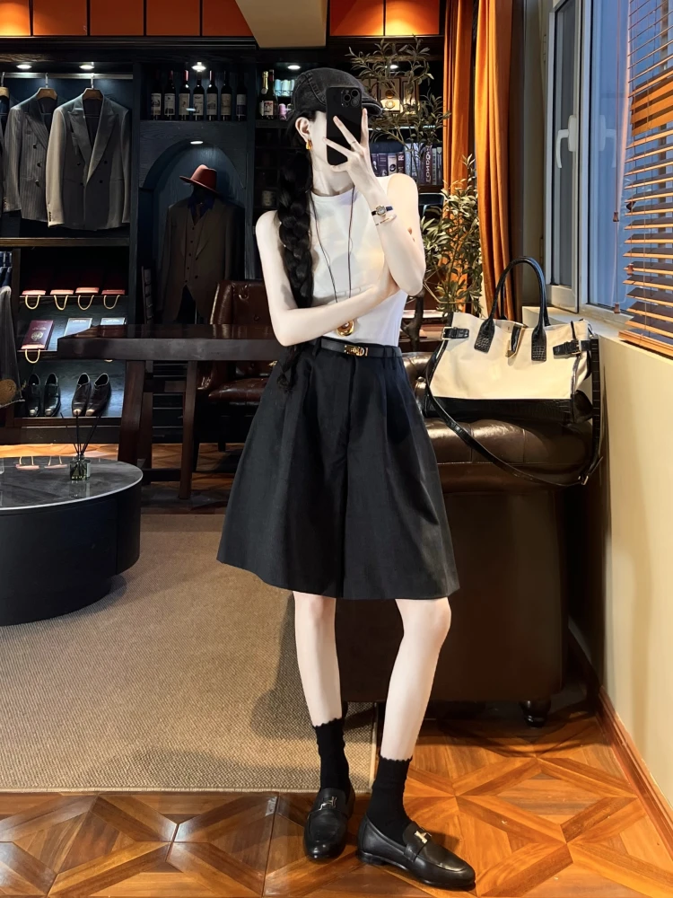 

Jiang Mountain ey Wool Blend Ultra Loose A-Line Five-Quarter ort Pants Suit Summer Commute High Waist Wide Leg Straight...