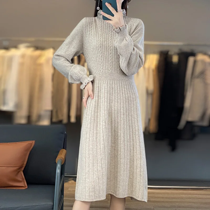 

Fashion Knitted Cashmere Dress Women's Princess Style Pullover Knee Length Dress 100% Merino Wool Dress Warm Autumn And Winter