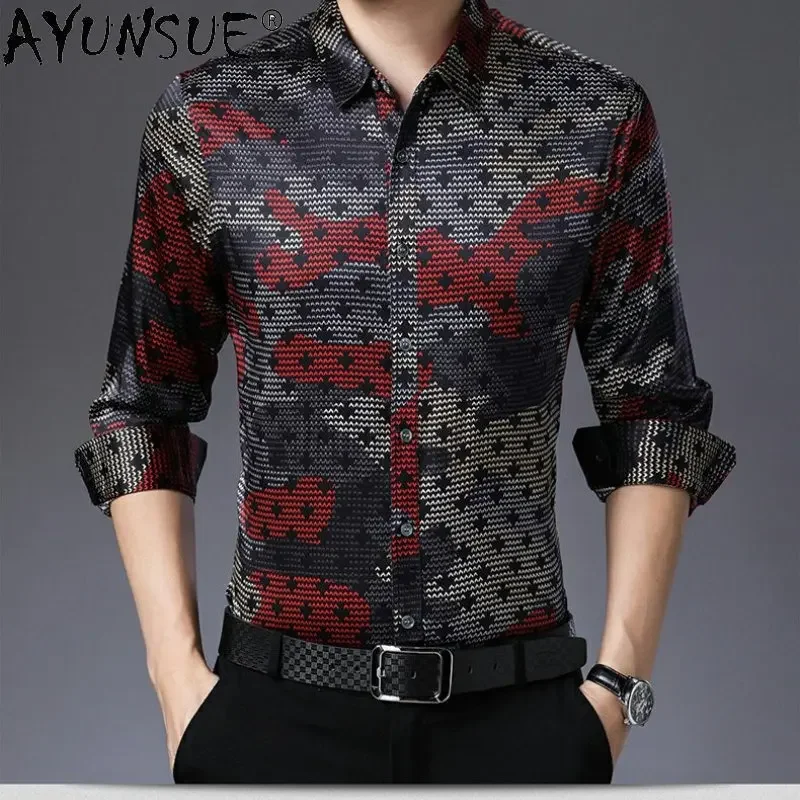 AYUNSUE Silk Long Sleeved Shirt Men's Mulberry Silk Loose Fashion Printed Shirt for Men Loose Casual Tops Men's Clothing Camisa