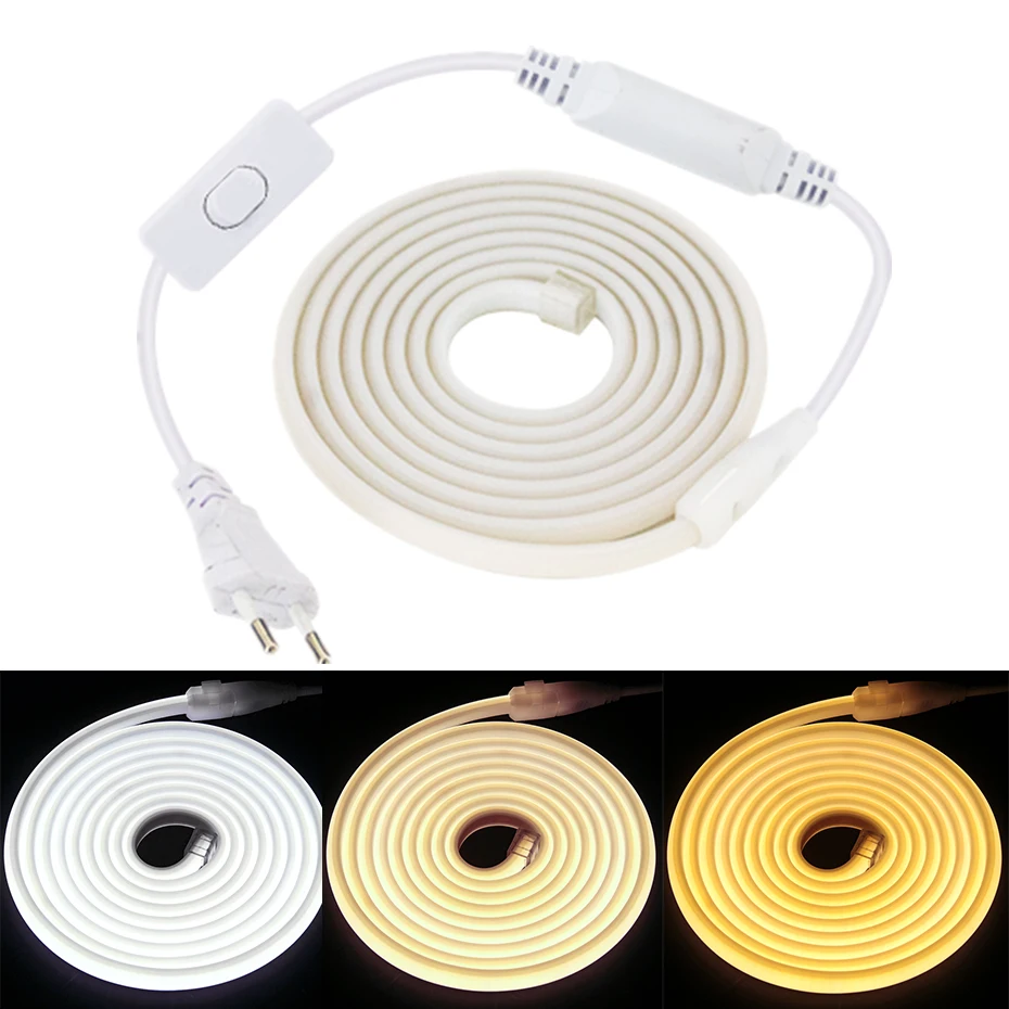 

1M-50M 220V COB Strip с переключателем ВКЛ/ВЫКЛ AU EU Plug Белый 3000K-6000K IP65 Водонепроницаемый домашний декор Гибкая лента Светодиодный неоновый свет