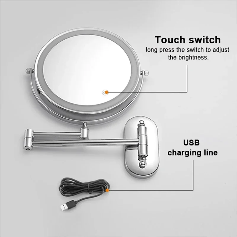 Bathroom White Smart Makeup Mirror 8-inch Folding LED Makeup Mirror 3X Magnification Double-sided Battery Mirror